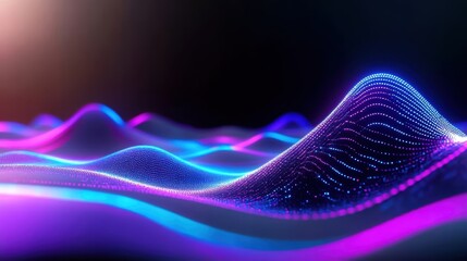 Wall Mural - Colorful wave patterns with glowing lights on a dark background.