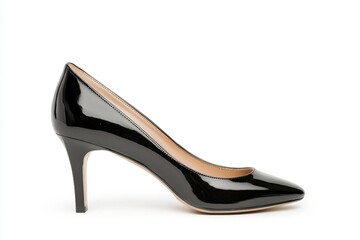 A black high heeled shoe on a white background without shade