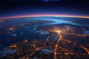 Wall Mural - Futuristic city aerial view at night. Structure of sci-fi metropolis with neon lights from the bird view