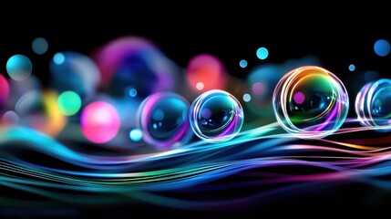 Wall Mural - Colorful bubbles floating over vibrant waves against a black background.