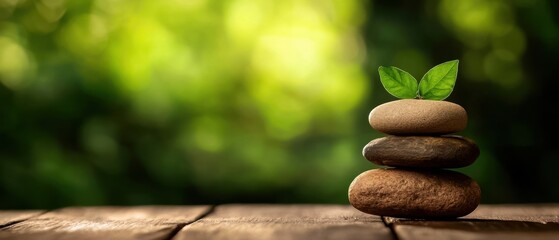 Stacked stones with leaves on a wooden surface, blurred green background.