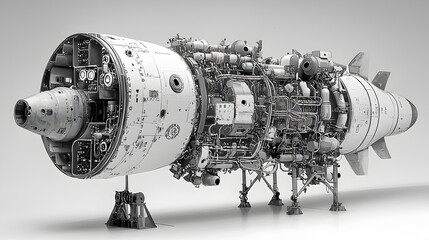 Poster - Detailed cutaway diagram showcasing the intricate inner workings and complex components of a high tech rocket engine including fuel chambers ignition systems and thrust nozzles
