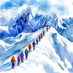 Canvas Print - Watercolor Illustration of Hikers Ascending a Snowy Mountain Peak.