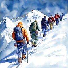 Sticker - Watercolor Painting of Hikers Ascending a Snowy Mountain.