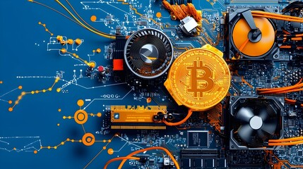 Fototapete - Detailed layered cross section showcasing the intricate components and setup of a cryptocurrency mining rig including GPU arrays power supplies and other essential hardware elements