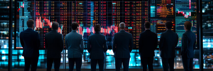 In modern office setting, group of professionals in suits observes financial data displayed on large screens, reflecting their focus and determination