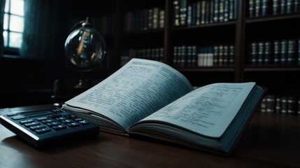 Poster - An open book on a desk with a calculator and a globe in a library setting.