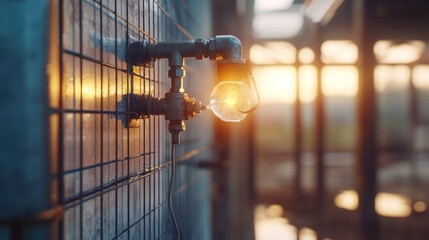 Wall Mural - A vintage light bulb hangs from a pipe, illuminated by sunset in an industrial setting.