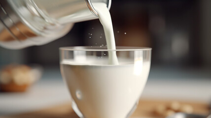 Healthy refreshment. Closeup of fresh milk in glass on wooden table with copy space. fresh and delicious  fresh, modern aesthetic with a glass of milk on a wooden table, surrounded by contemporary kit