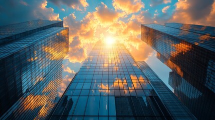 Aufkleber - Tall buildings dominate the skyline as the sun sets, casting golden light and vibrant reflections on the glass surfaces, while clouds enhance the colorful backdrop.