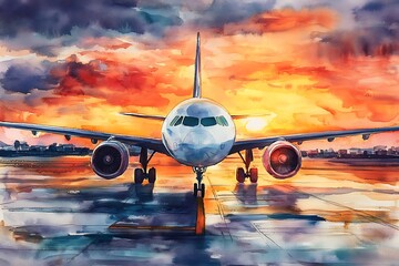 Wall Mural - Airplane at Sunset Watercolor Illustration.