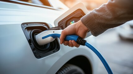 Electric vehicle charging close-up with a hand holding a cable, highlighting sustainable energy.