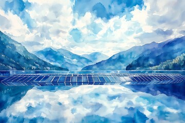 Sticker - Watercolor Illustration of Solar Panels in Mountain Landscape.