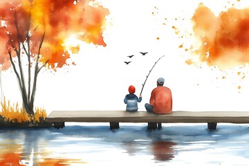 Sticker - Watercolor Painting of Father and Son Fishing on a Dock in Autumn.