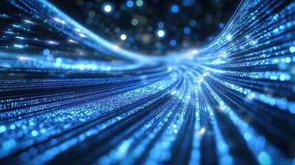 Leinwandbilder - Abstract blue glowing light background with dynamic data transfer and technology concept, showcasing digital information flow and fast internet connection. This 3D rendered illustration features parti