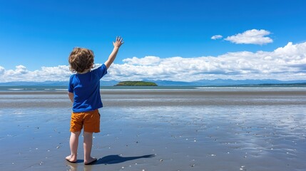 Young child waving at the ocean on a sunny beach day, AI