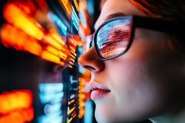 image features person wearing glasses, with reflections of colorful data and digital elements visible in lenses. scene conveys sense of focus and engagement with technology.Engaged in technology, per