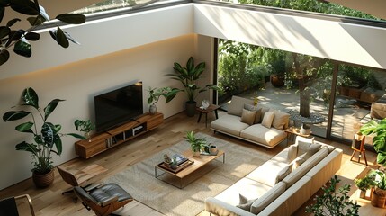 Wall Mural - A modern living room with a large window and plants.