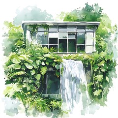 Wall Mural - Watercolor painting of a waterfall flowing over a building with a window and lush greenery.