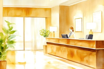 Canvas Print - Watercolor Illustration of Hotel Reception Desk with Staff Member.