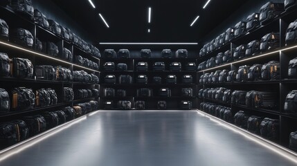 Wall Mural - A sleek, modern storage room filled with organized bags on shelves.