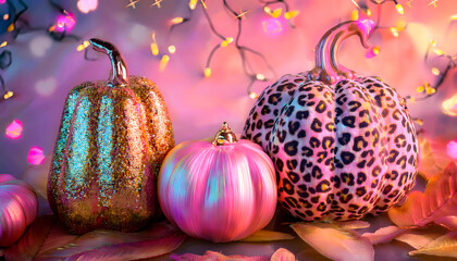 pumpkins, group, with, leopard, print, new, halloween, thanksgiving, y2k, aesthetic, style, pink, rosa, color, colorful, leo, design, decoration, celebration, holiday, ornament, muster, neon, 3d, on, 