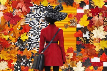 Bold abstract artwork of a woman dressed in a red coat walking through a sea of autumn leaves combining fashion and art with vibrant seasonal contrasts