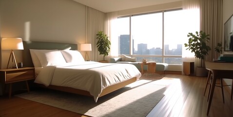 Wall Mural - Modern bedroom with large window and city view.