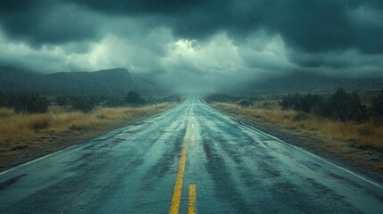 Wall Mural - Stormy Skies Unleashed, an empty highway under a turbulent thunderstorm, rain pounding the asphalt, nature's fury on display