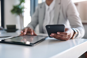 Aufkleber - Office, phone or hands of businesswoman on tablet for social media, networking website or internet. Touchscreen, online or public relations officer on technology for mobile app or research project