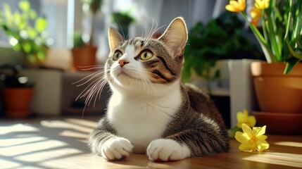 Cat Resting Comfortably Indoors on Wooden Floor