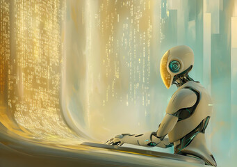A sleek, white robot with glowing eyes examines a screen filled with binary code, representing artificial intelligence and data analysis in a futuristic setting.