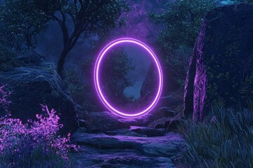 Poster - Light effect of spectrum light on abstract portal stone gate in dark wood forest space landscape of cosmic, rocky mountain stone field.