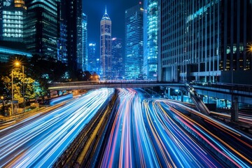 Aufkleber - X-ray aerial image of a traffic jam on a multi-lane highway, with a speed light trail behind the car, an expressway road junction in the metropolis city center at night.