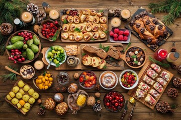 Poster - Xmas party celebration with dinner on table, Happy new year and Xmas scene, wooden table full of food and treats for Thanksgiving meal.