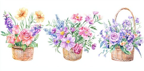 Poster - Watercolor bouquet of colorful spring flowers in wicker basket isolated on transparent png background, bouquets greeting or wedding card decoration, beautiful flowers inside buckets concept.