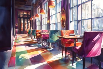 Sticker - Watercolor painting of a restaurant interior with colorful chairs and tables.