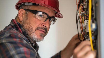 An electrician in his 40s installing wiring in a new home, concentration and skill on his face