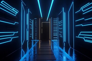 Leinwandbilder - An industrial data server warehouse with neon light trails, futuristic digital tech concepts, data networks and connections, as well as internet communications, powered by generative stock.