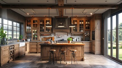 Wall Mural - A modern kitchen with wooden cabinets, a large island, and a view of a garden.