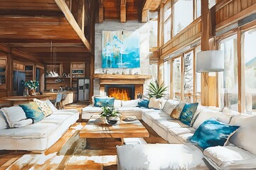 Canvas Print - Watercolor Painting of a Cozy Living Room with a Fireplace.