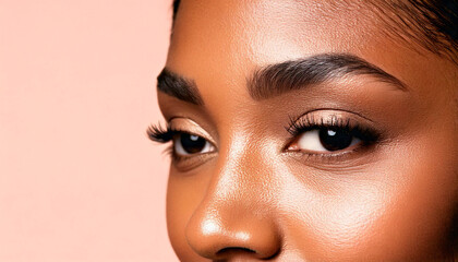 Closeup of neat perfect eyebrows on a young adult diverse ethnicity, Black woman’s face, professional beauty salon setting - beauty and cosmetic treatment theme a plain neutral background