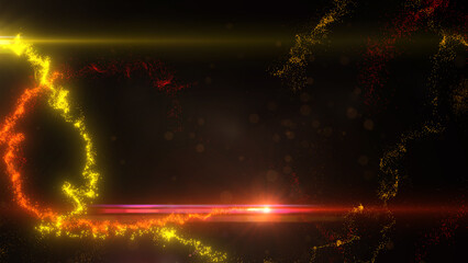 Wall Mural - Yellow and Orange Wavy Light Lines Crossing Turbulence Particles and Lens Flares, Widescreen 4K Resolution