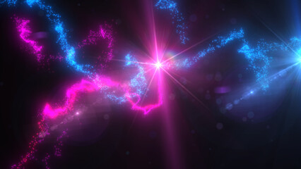 Wall Mural - Blue and Pink Wavy Light Lines Crossing Turbulence Particles and Lens Flares, Widescreen 4K Resolution