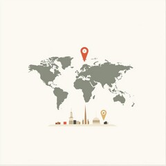 Leinwandbilder - The illustration highlights key global travel destinations using map pins on a minimalist world map outline for explorers and travelers. Generative AI