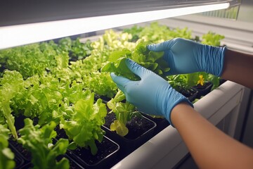 Close up of hands in blue gloves tending to green leafy plants in a controlled environment.