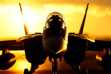 A striking silhouette of an aircraft against a vibrant sunset, showcasing the dynamic lines and design of modern military aviation technology.