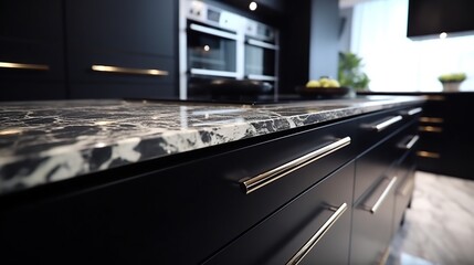 Wall Mural - Closeup of a modern kitchen with black cabinets and a marble countertop.  The cabinets have sleek gold handles.