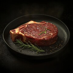 Juicy raw ribeye steak garnished with fresh herbs, ready for grilling, presented on a black plate.