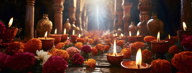 Lit candles and marigold flowers arranged for a festive celebration for a Diwali festival.